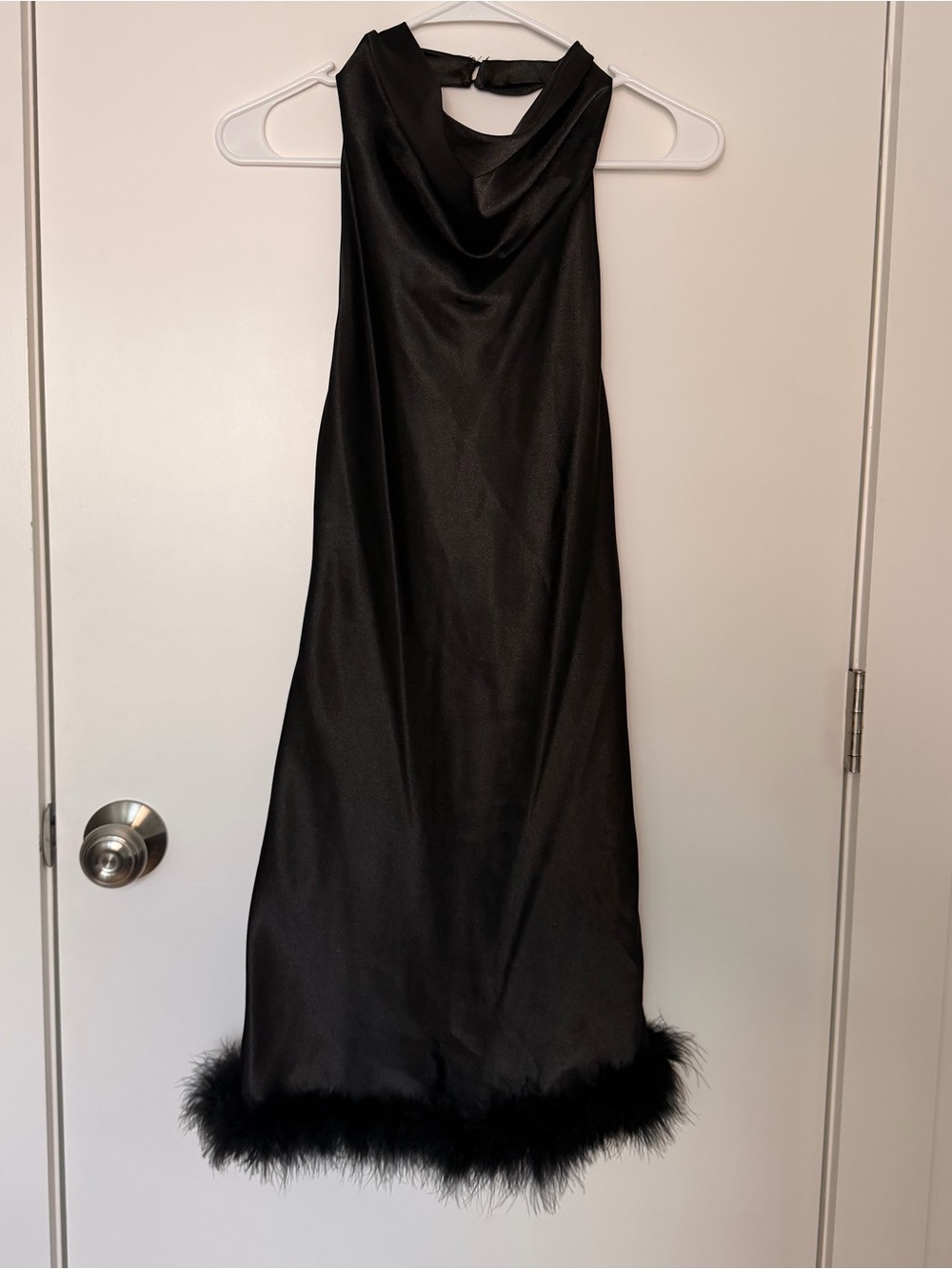 Morgan & Co Black Satin Halter Dress with Feather Hem